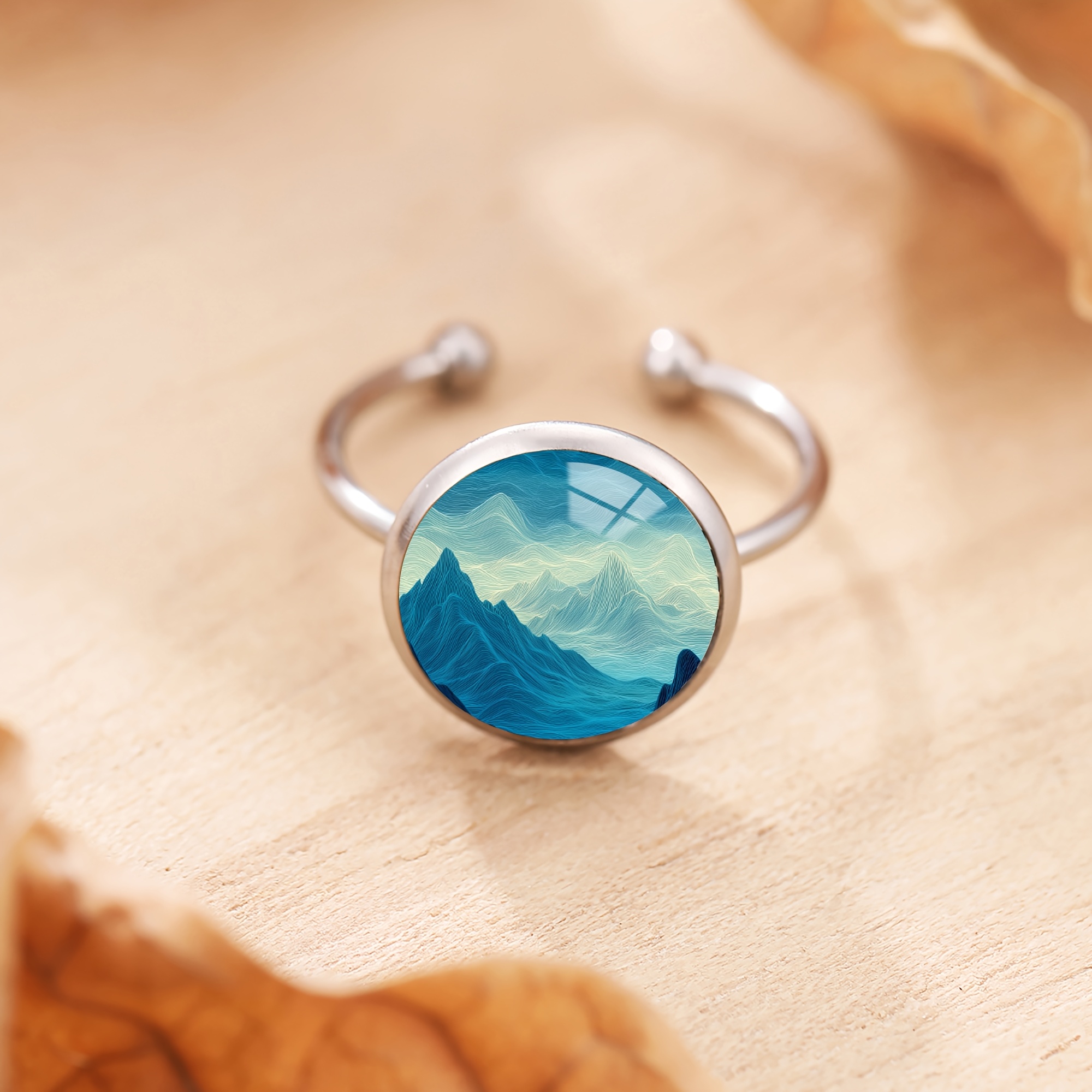 Unisex Gradient Blue Mountain Scenery Stainless Steel Ring